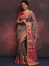 Banarasee Handwoven Plain Crushed Tissue Saree With Contrast Zari Border & Lace-Grey & Pink