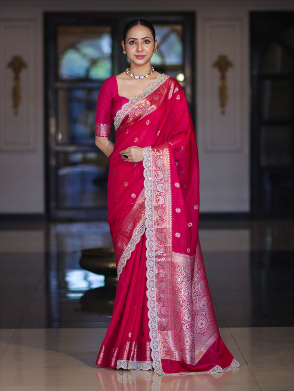 Banarasee Handloom Semi Silk Saree With Zari Buti Design & Lace Border-Fuchsia Pink