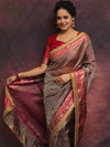 Banarasee Handwoven Plain Crushed Tissue Saree With Contrast Zari Border & Lace-Grey & Pink