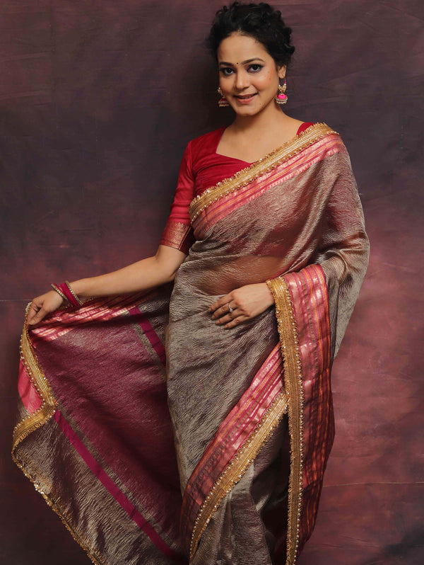Banarasee Handwoven Plain Crushed Tissue Saree With Contrast Zari Border & Lace-Grey & Pink