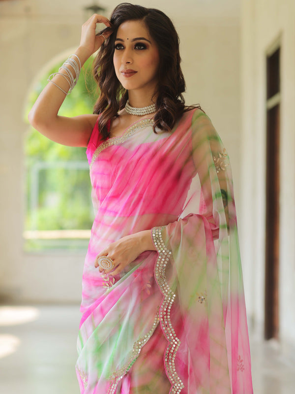 Banarasee Organza Silk Shibori Dyed Hand-work Scallop Border Saree & Contrast Blouse-Pink & Green