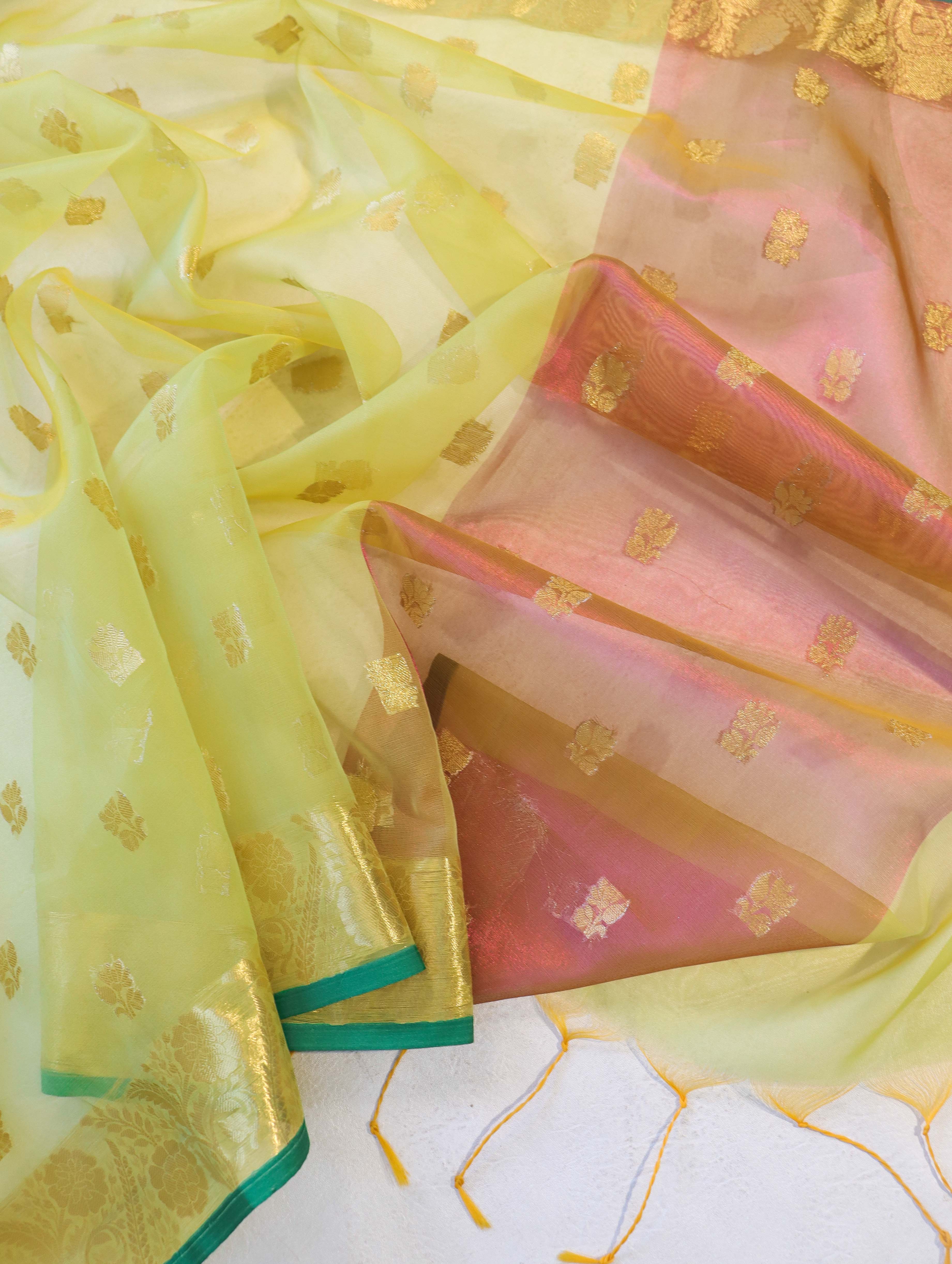 Banarasee Handloom Organza Mix Saree With Zari Buta Design & Contrast Border-Lime Green