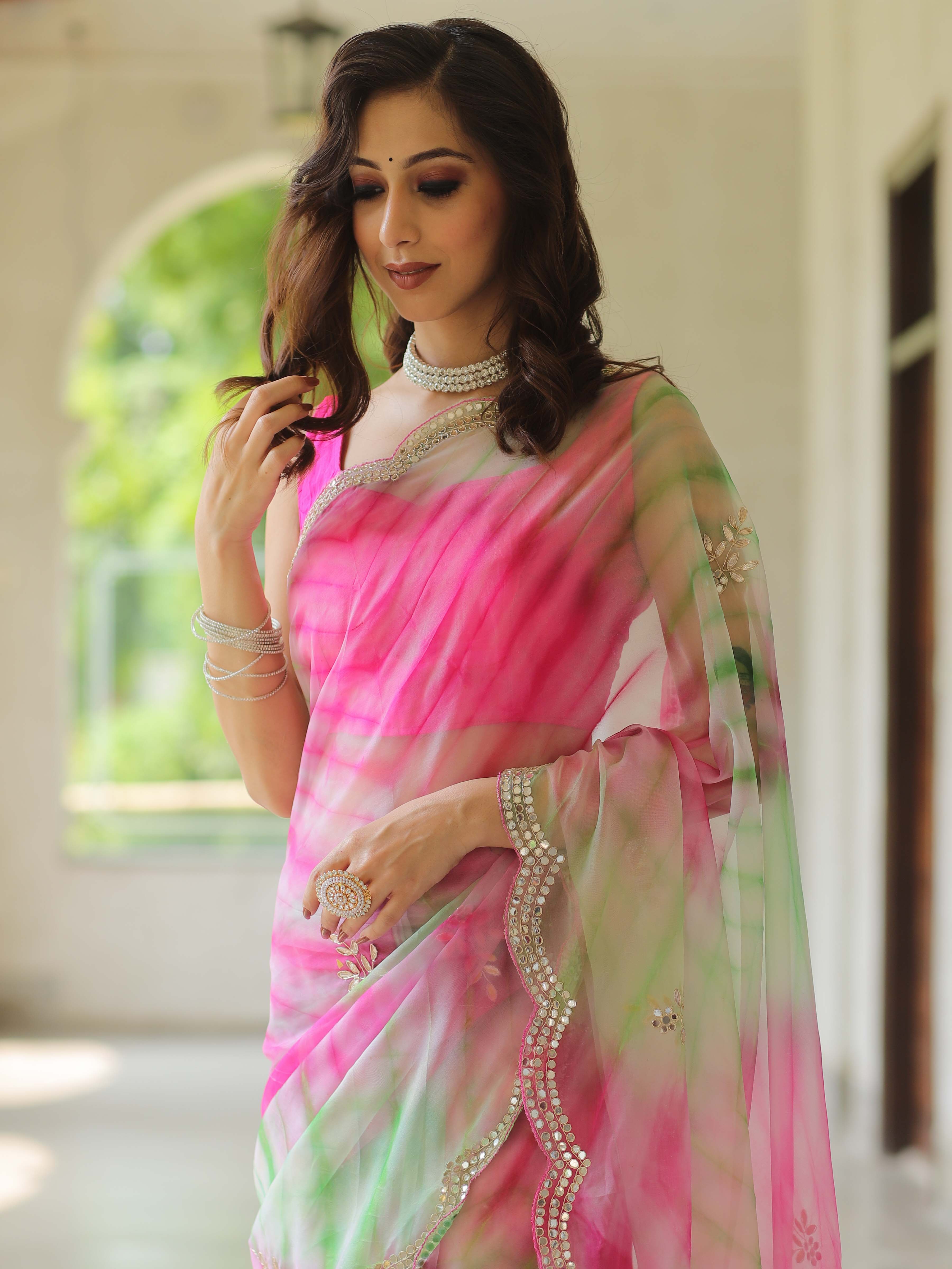 Banarasee Organza Silk Shibori Dyed Hand-work Scallop Border Saree & Contrast Blouse-Pink & Green