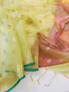 Banarasee Handloom Organza Mix Saree With Zari Buta Design & Contrast Border-Lime Green