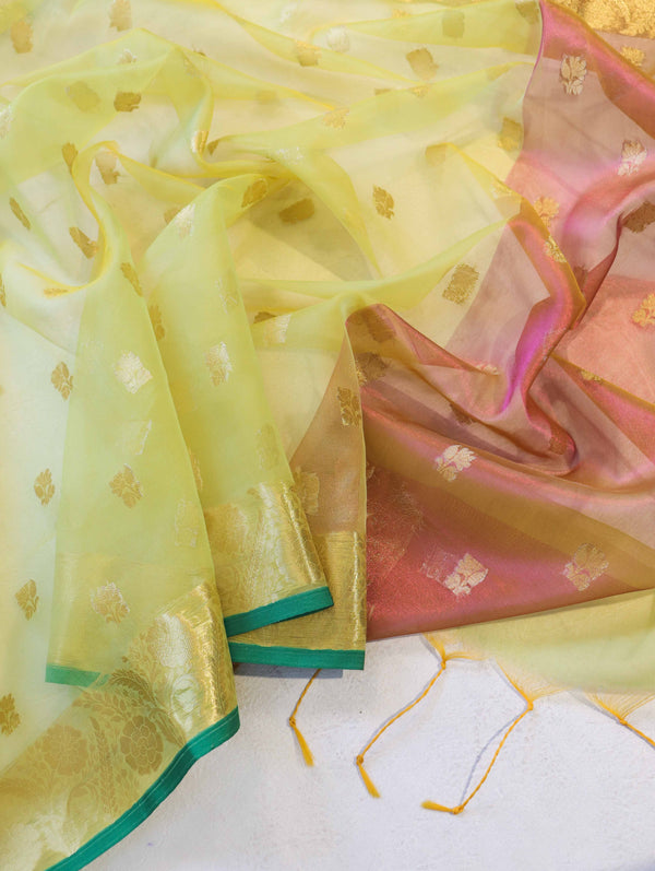 Banarasee Handloom Organza Mix Saree With Zari Buta Design & Contrast Border-Lime Green