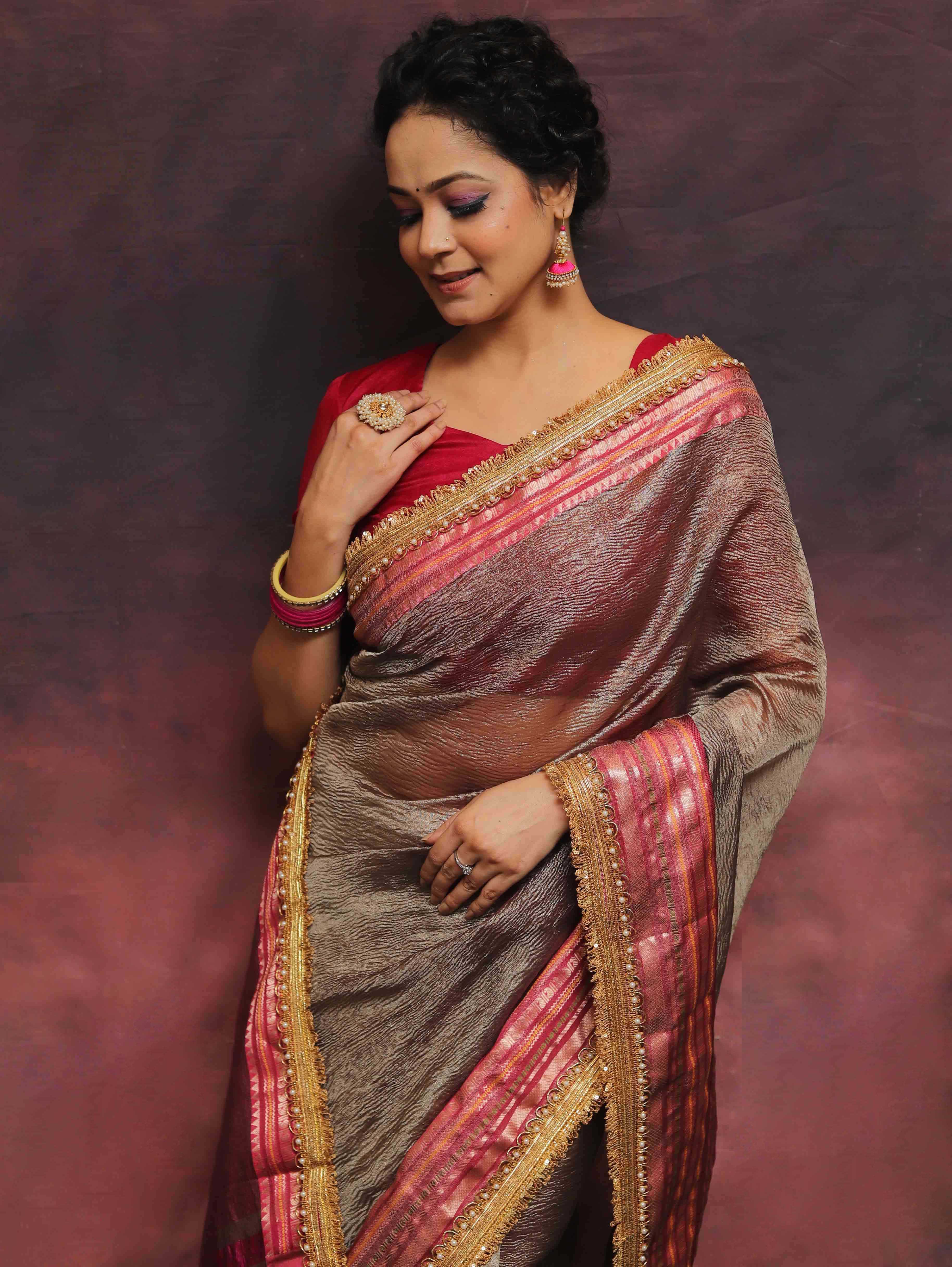 Banarasee Handwoven Plain Crushed Tissue Saree With Contrast Zari Border & Lace-Grey & Pink