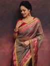 Banarasee Handwoven Plain Crushed Tissue Saree With Contrast Zari Border & Lace-Grey & Pink