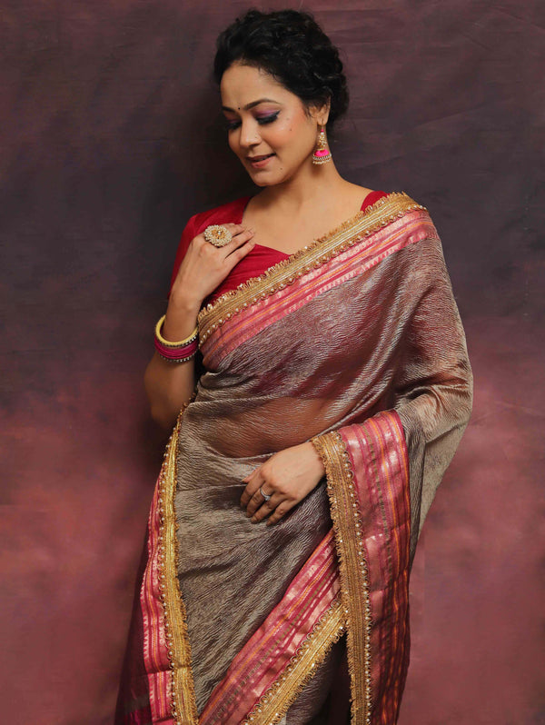 Banarasee Handwoven Plain Crushed Tissue Saree With Contrast Zari Border & Lace-Grey & Pink