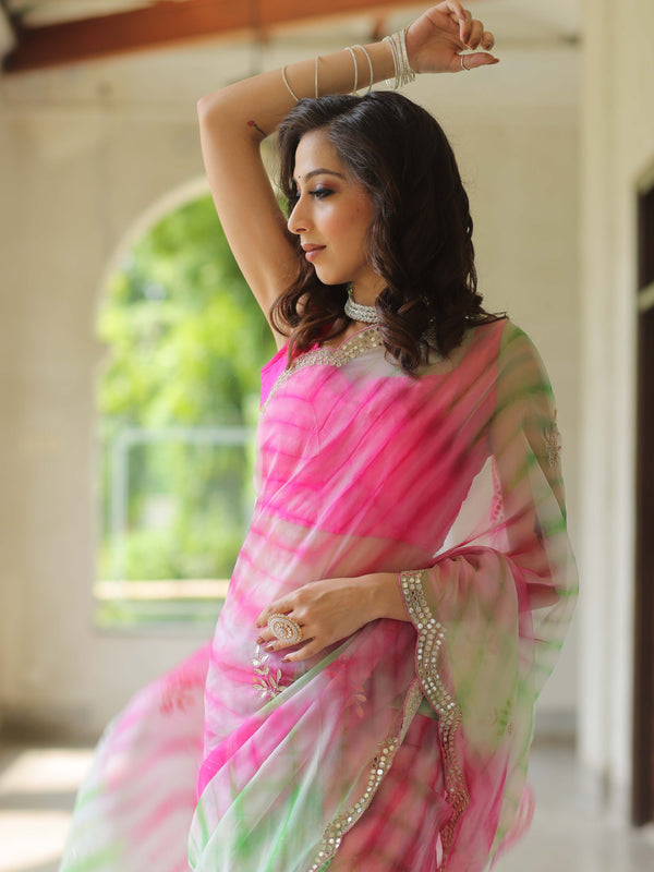 Banarasee Organza Silk Shibori Dyed Hand-work Scallop Border Saree & Contrast Blouse-Pink & Green