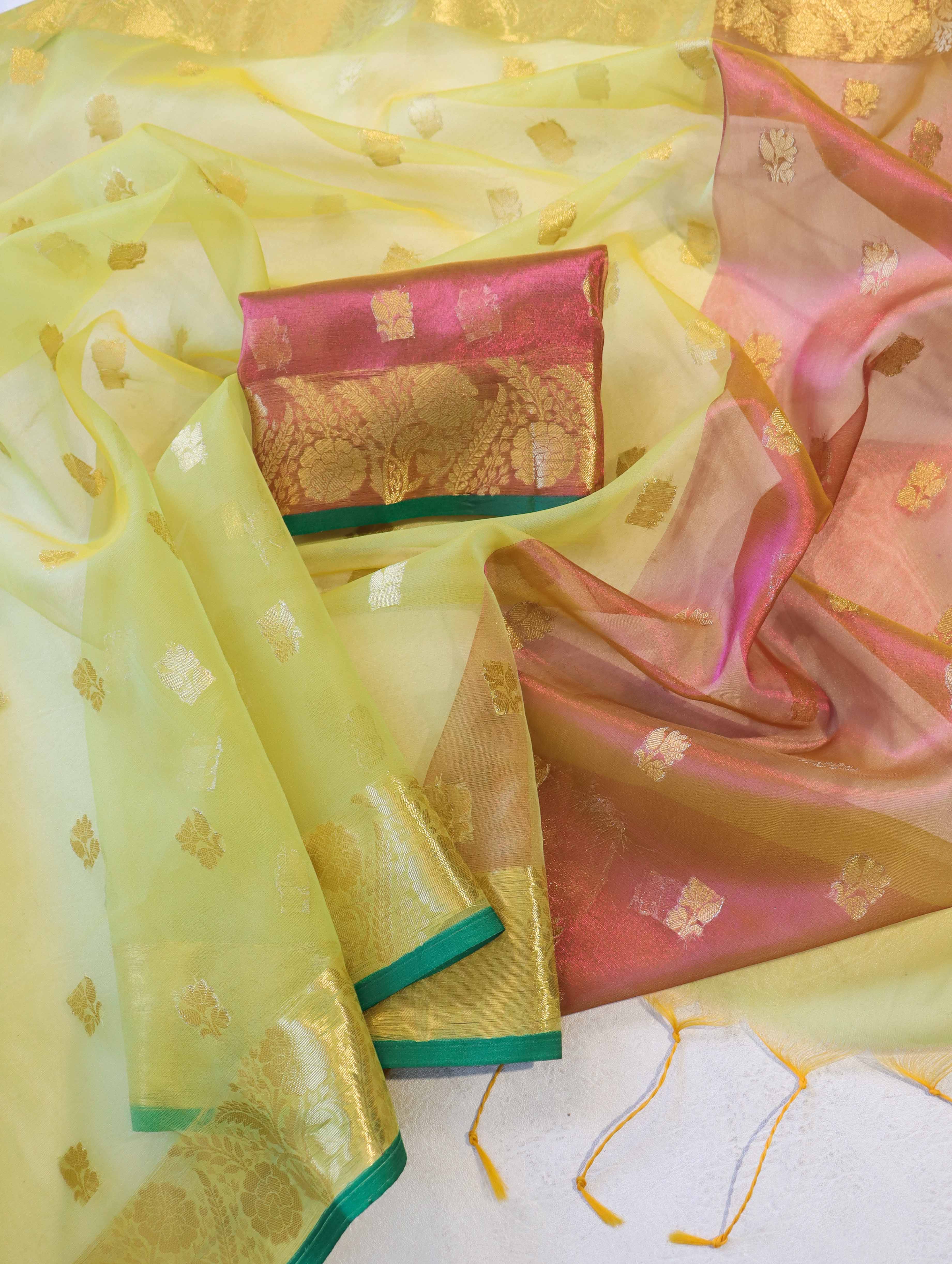 Banarasee Handloom Organza Mix Saree With Zari Buta Design & Contrast Border-Lime Green