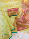 Banarasee Handloom Organza Mix Saree With Zari Buta Design & Contrast Border-Lime Green