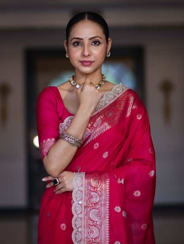 Banarasee Handloom Semi Silk Saree With Zari Buti Design & Lace Border-Fuchsia Pink