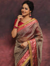 Banarasee Handwoven Plain Crushed Tissue Saree With Contrast Zari Border & Lace-Grey & Pink