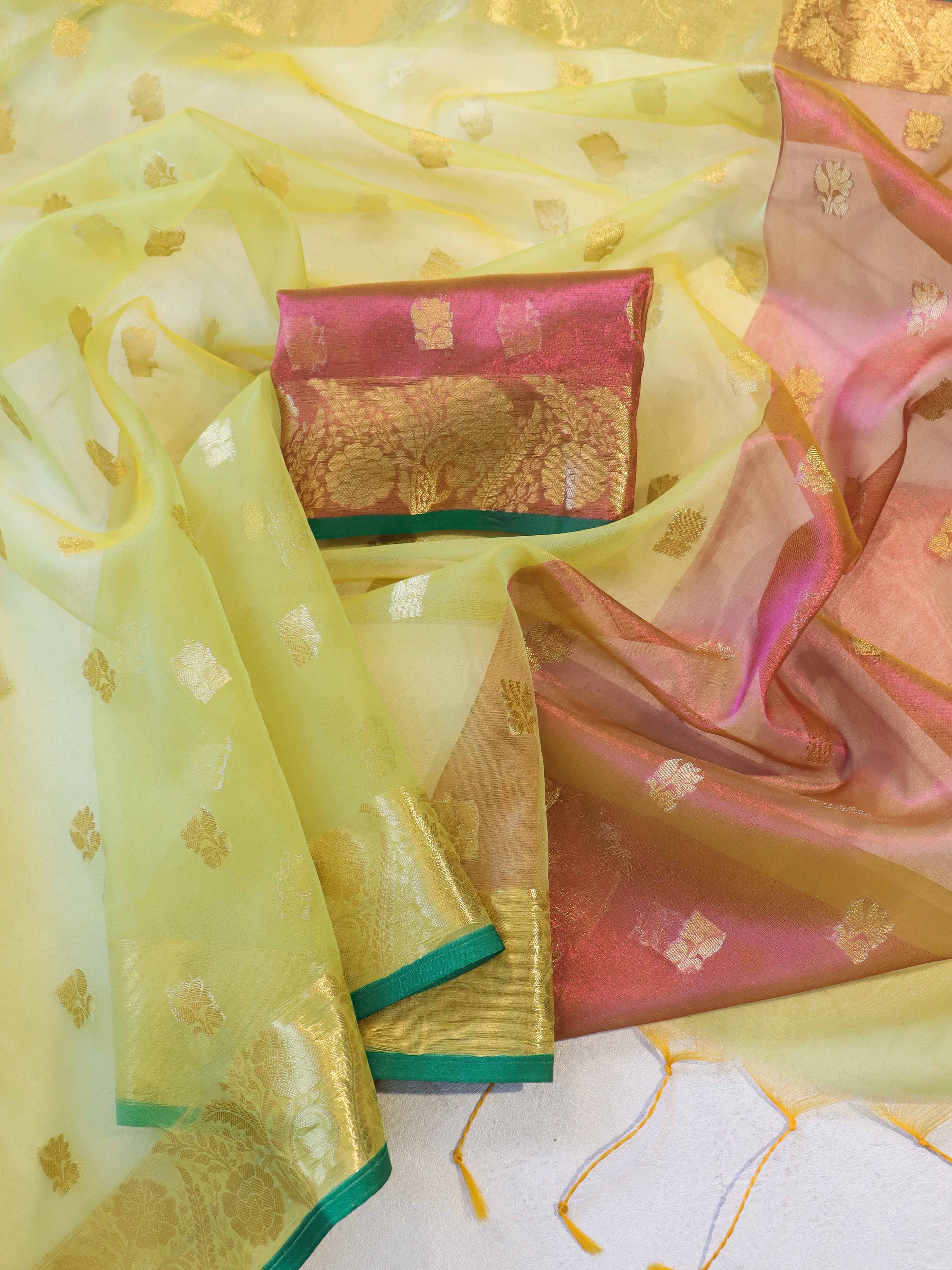 Banarasee Handloom Organza Mix Saree With Zari Buta Design & Contrast Border-Lime Green