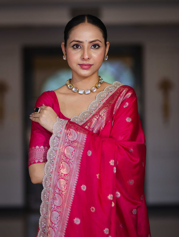 Banarasee Handloom Semi Silk Saree With Zari Buti Design & Lace Border-Fuchsia Pink
