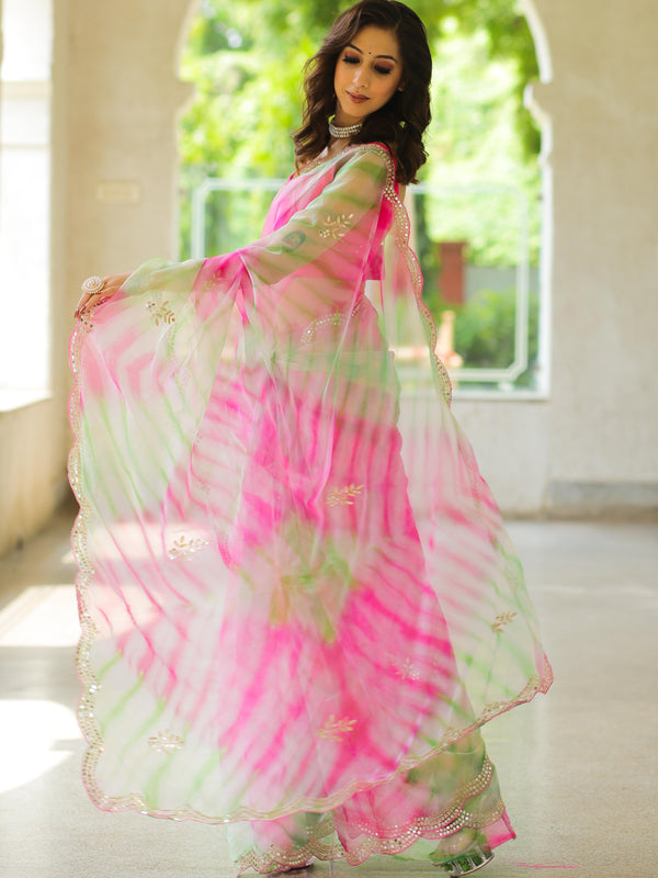 Banarasee Organza Silk Shibori Dyed Hand-work Scallop Border Saree & Contrast Blouse-Pink & Green