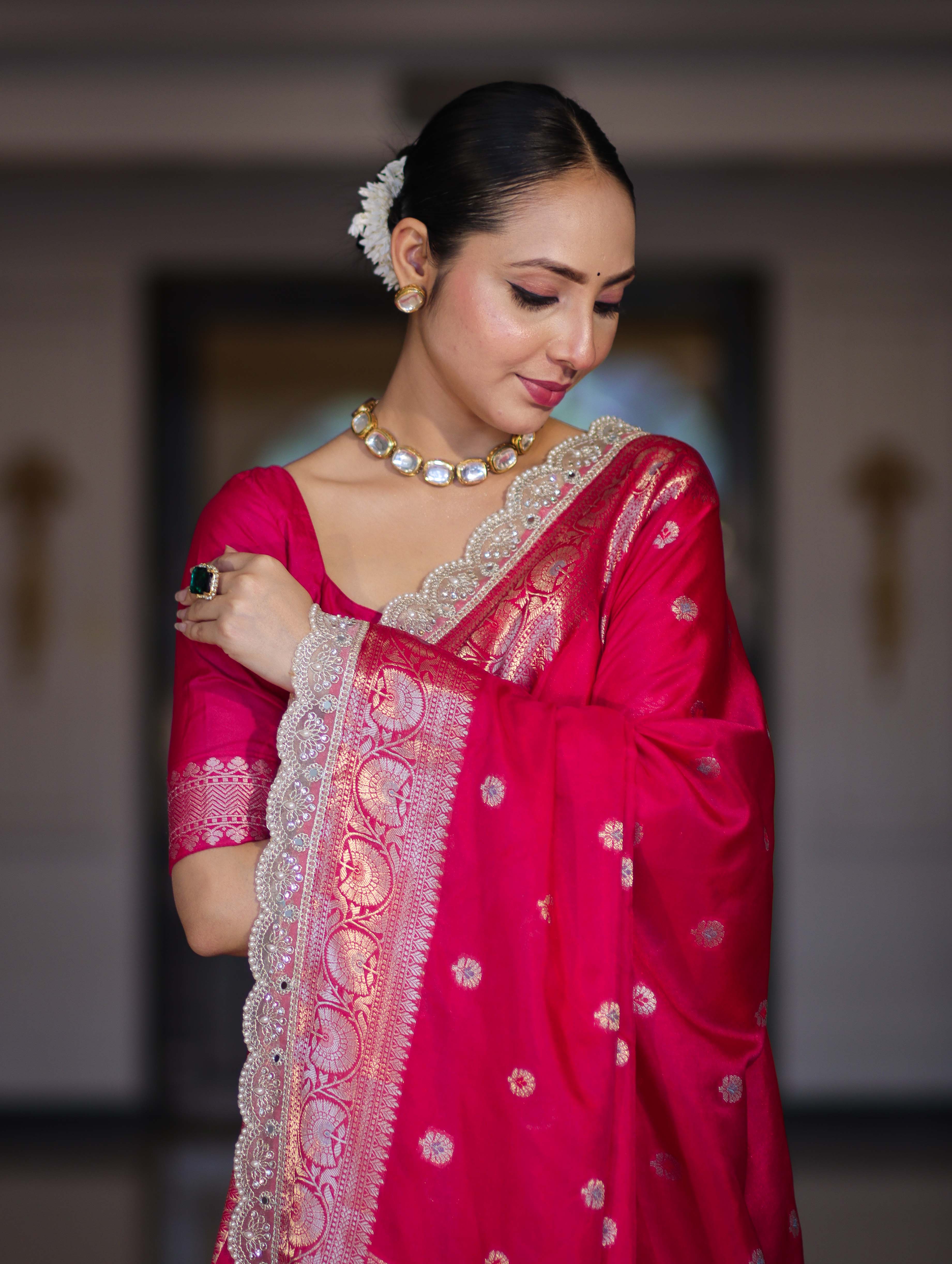 Banarasee Handloom Semi Silk Saree With Zari Buti Design & Lace Border-Fuchsia Pink