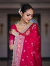 Banarasee Handloom Semi Silk Saree With Zari Buti Design & Lace Border-Fuchsia Pink