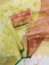 Banarasee Handloom Organza Mix Saree With Zari Buta Design & Contrast Border-Lime Green