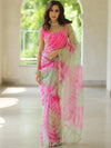 Banarasee Organza Silk Shibori Dyed Hand-work Scallop Border Saree & Contrast Blouse-Pink & Green