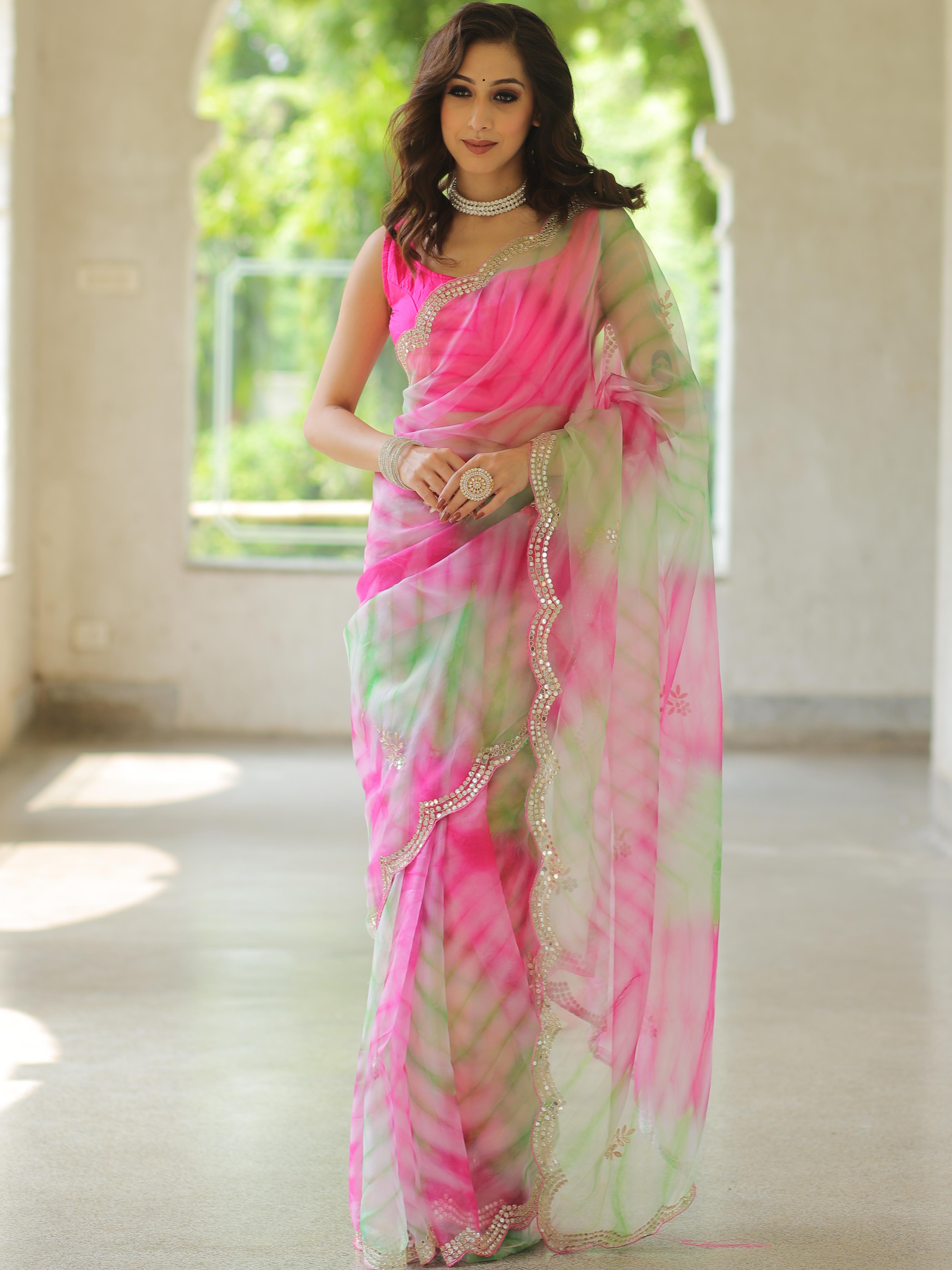 Banarasee Organza Silk Shibori Dyed Hand-work Scallop Border Saree & Contrast Blouse-Pink & Green