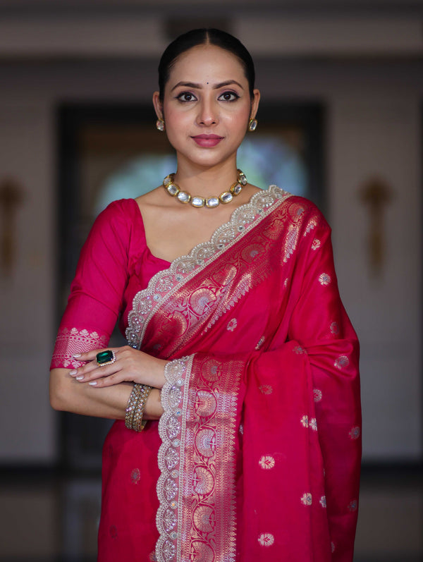 Banarasee Handloom Semi Silk Saree With Zari Buti Design & Lace Border-Fuchsia Pink