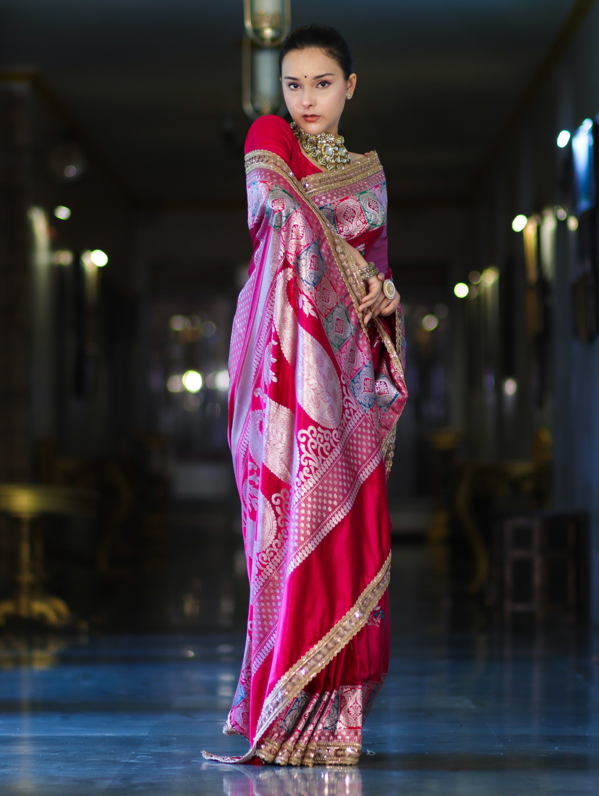 Banarasee Handloom Mashru Silk Saree With Resham & Zari Embroidery-Fuchsia Pink
