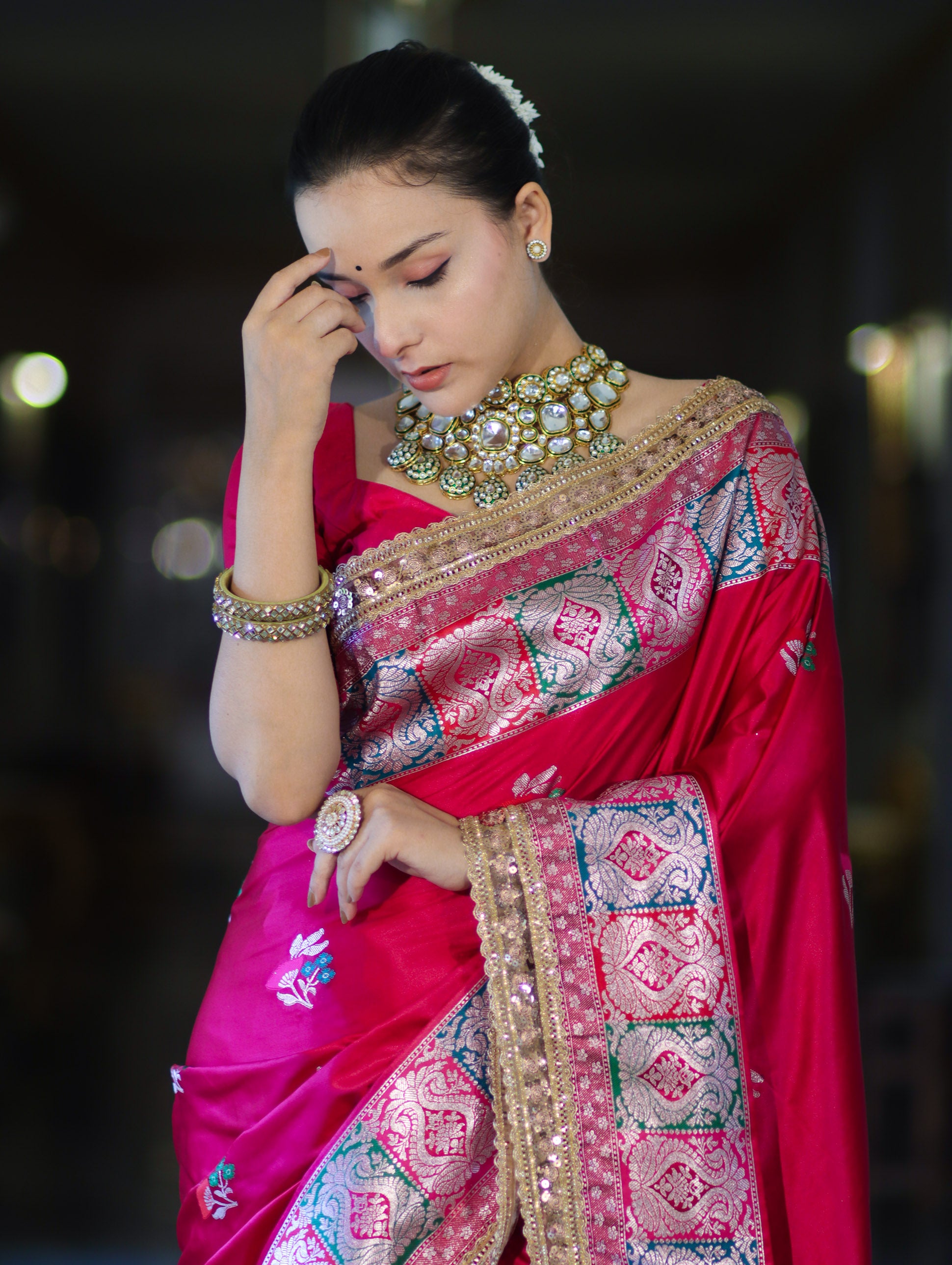Banarasee Handloom Mashru Silk Saree With Resham & Zari Embroidery-Fuchsia Pink