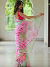 Banarasee Organza Silk Shibori Dyed Hand-work Scallop Border Saree & Contrast Blouse-Pink & Green