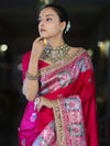 Banarasee Handloom Mashru Silk Saree With Resham & Zari Embroidery-Fuchsia Pink