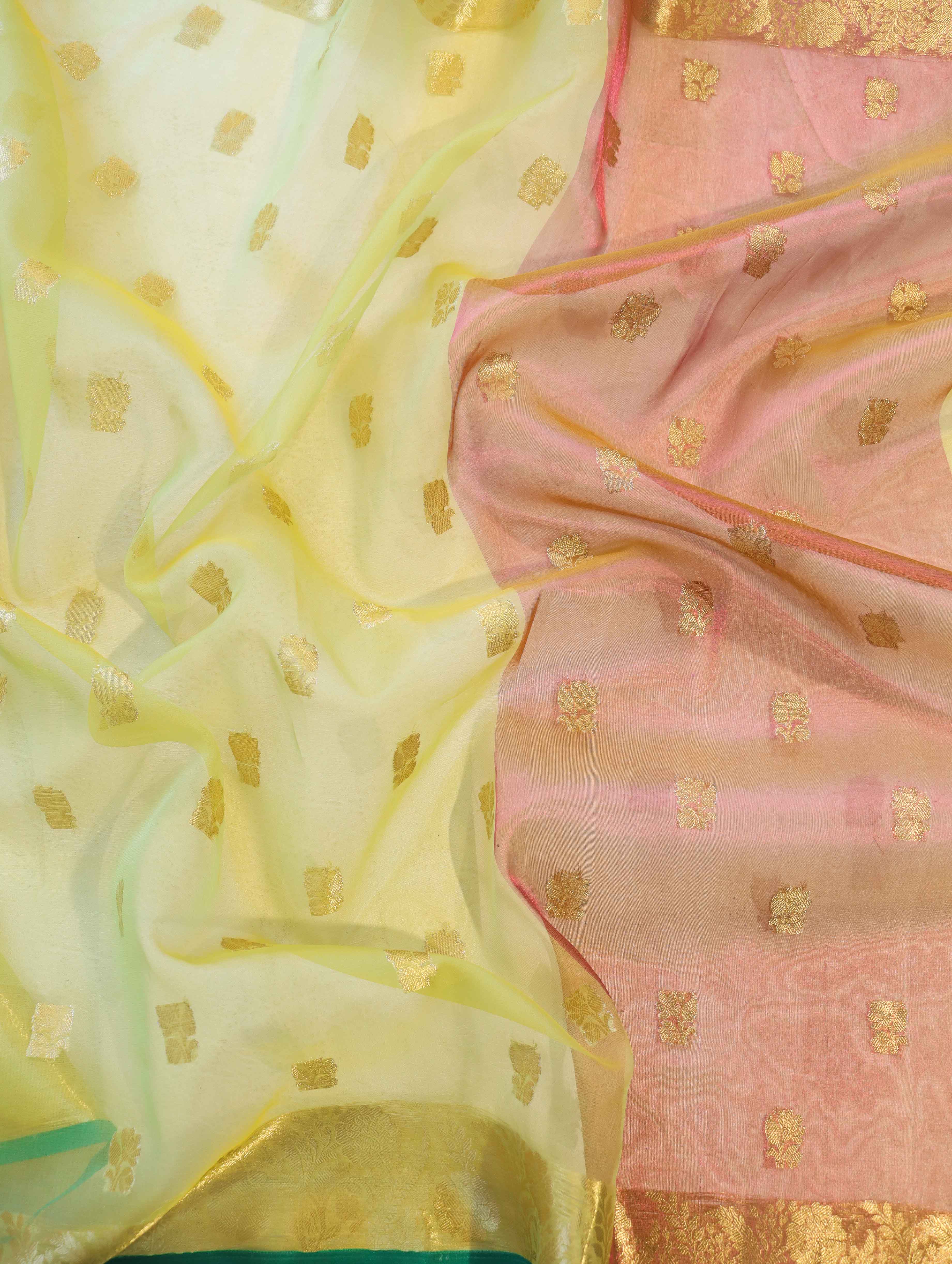 Banarasee Handloom Organza Mix Saree With Zari Buta Design & Contrast Border-Lime Green