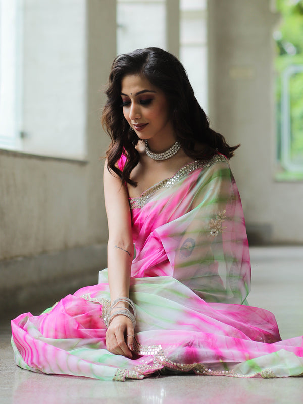 Banarasee Organza Silk Shibori Dyed Hand-work Scallop Border Saree & Contrast Blouse-Pink & Green