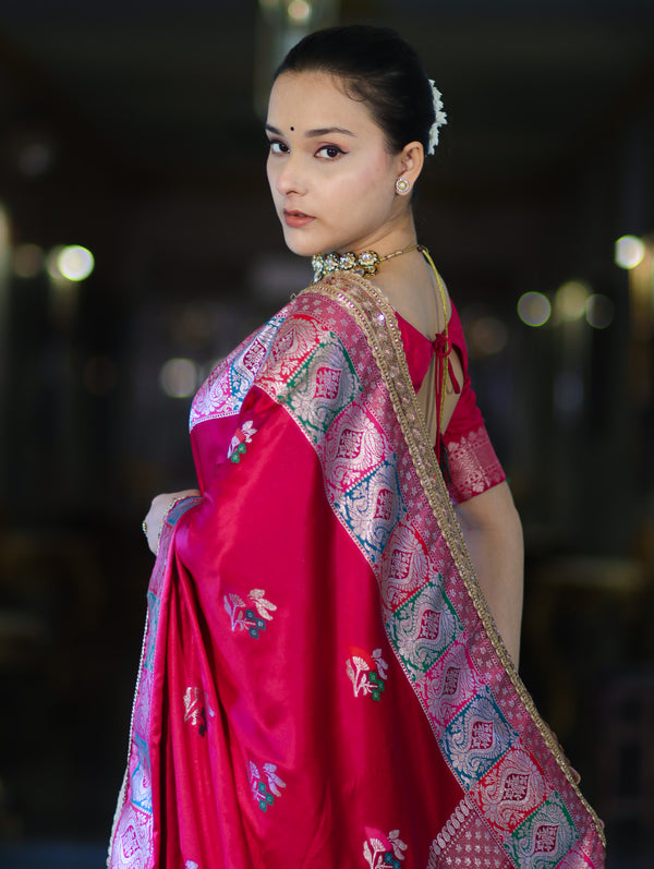 Banarasee Handloom Mashru Silk Saree With Resham & Zari Embroidery-Fuchsia Pink