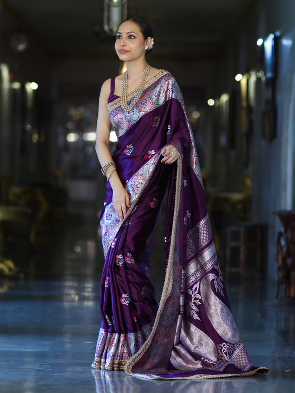 Banarasee Handloom Mashru Silk Saree With Resham & Zari Embroidery-Violet
