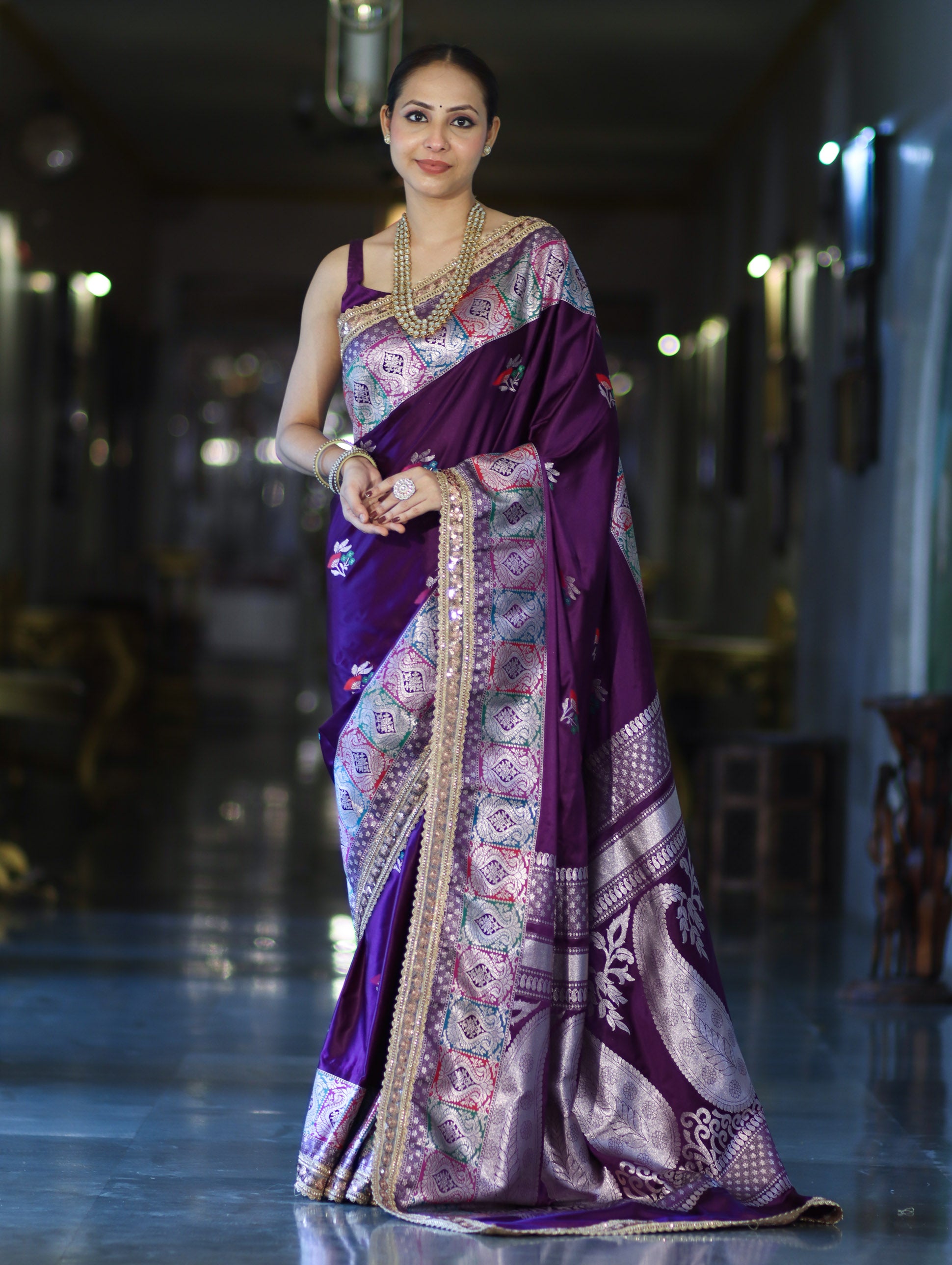 Banarasee Handloom Mashru Silk Saree With Resham & Zari Embroidery-Violet