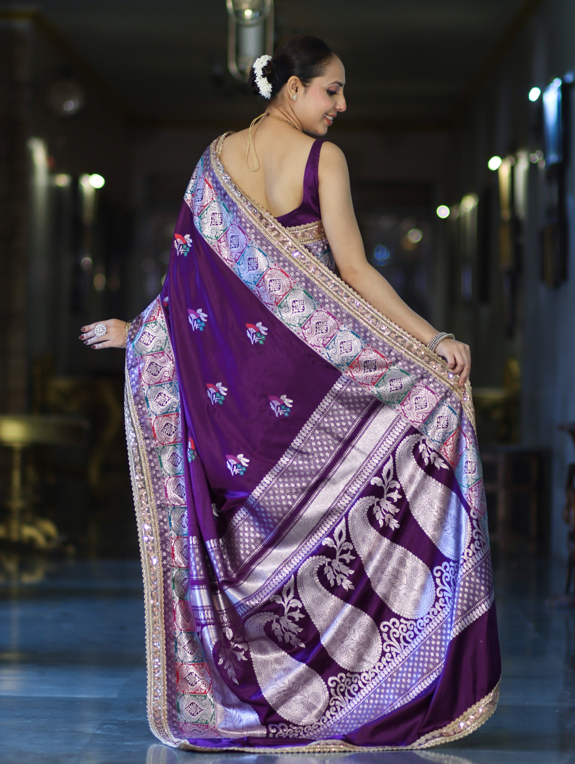 Banarasee Handloom Mashru Silk Saree With Resham & Zari Embroidery-Violet