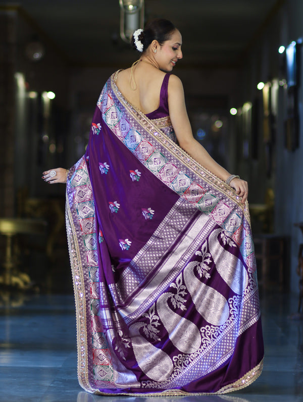 Banarasee Handloom Mashru Silk Saree With Resham & Zari Embroidery-Violet