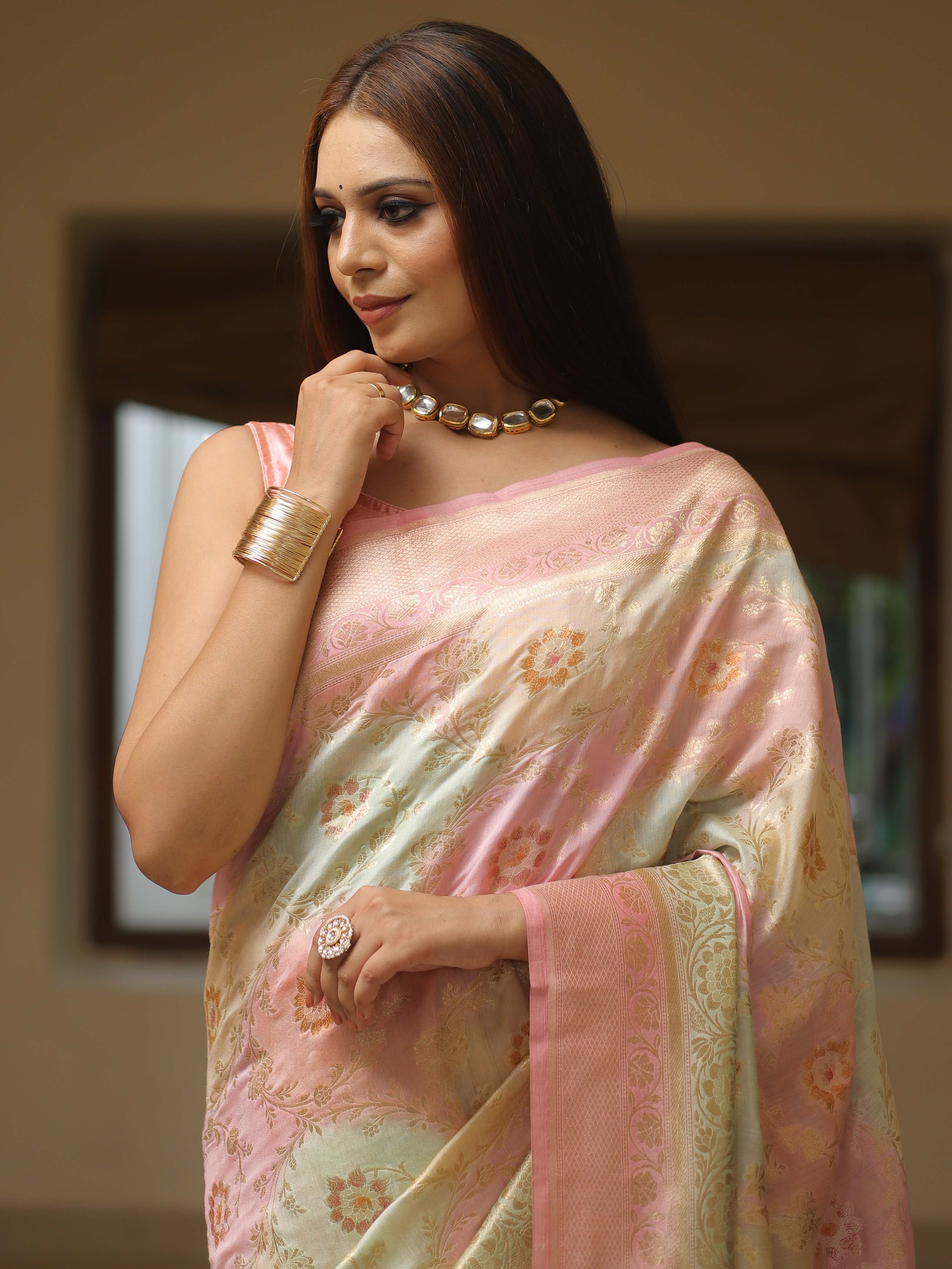 Banarasee Handpainted Pure Muga Silk Saree With Contrast Border-Multicolor
