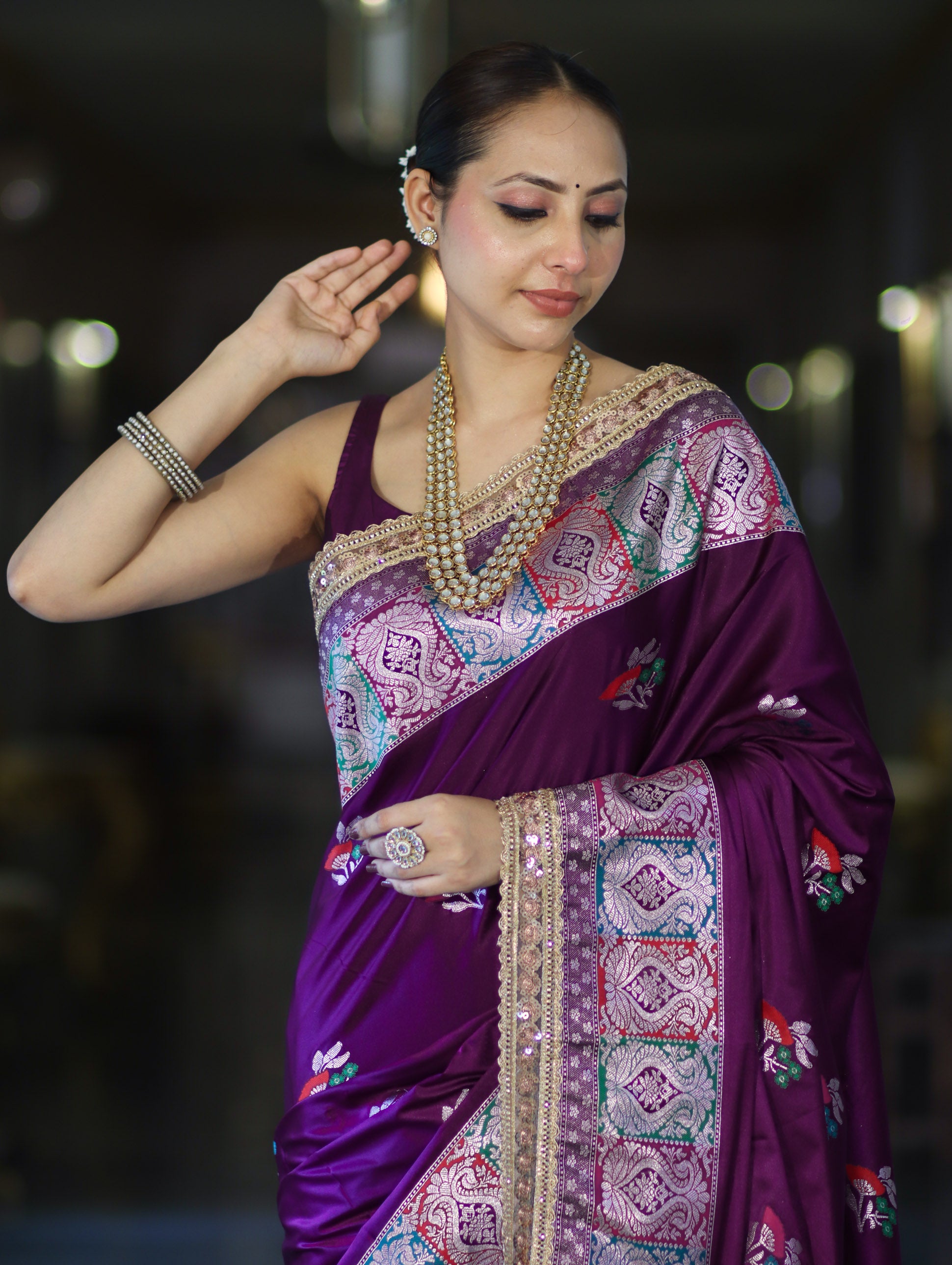 Banarasee Handloom Mashru Silk Saree With Resham & Zari Embroidery-Violet