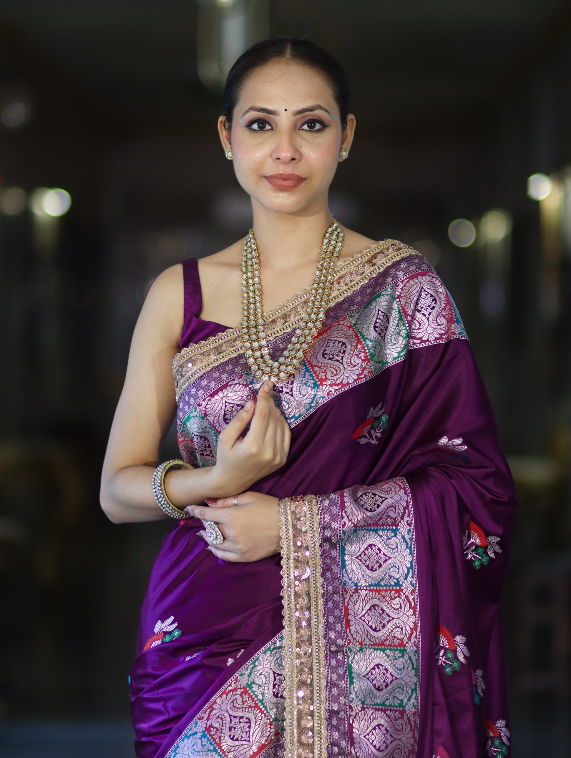 Banarasee Handloom Mashru Silk Saree With Resham & Zari Embroidery-Violet