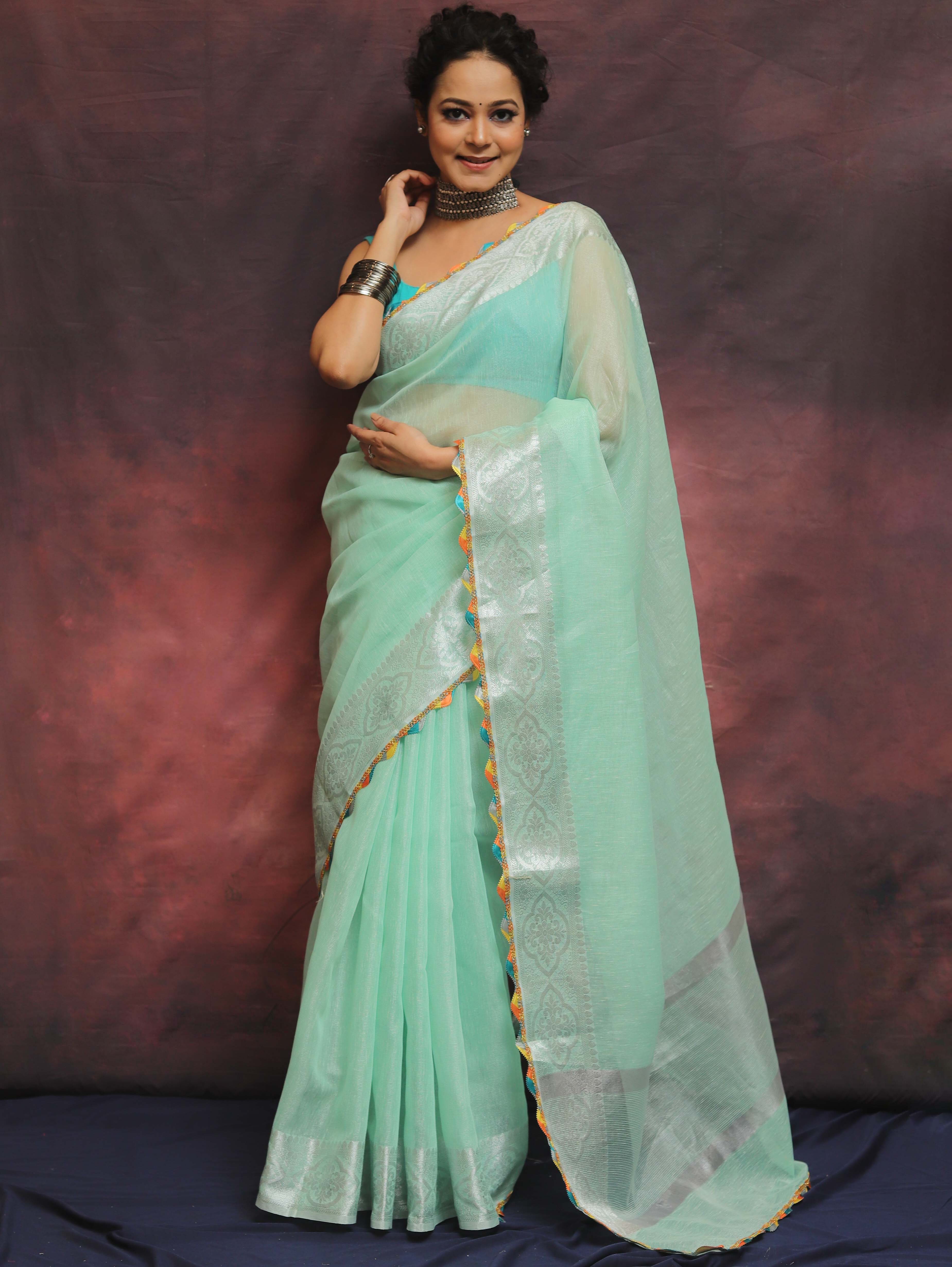 Banarasee Handloom Linen Mix Saree With Silver Zari Border & Lace-Green