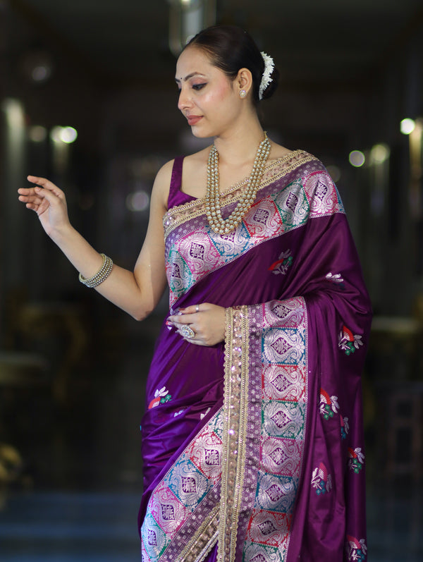 Banarasee Handloom Mashru Silk Saree With Resham & Zari Embroidery-Violet