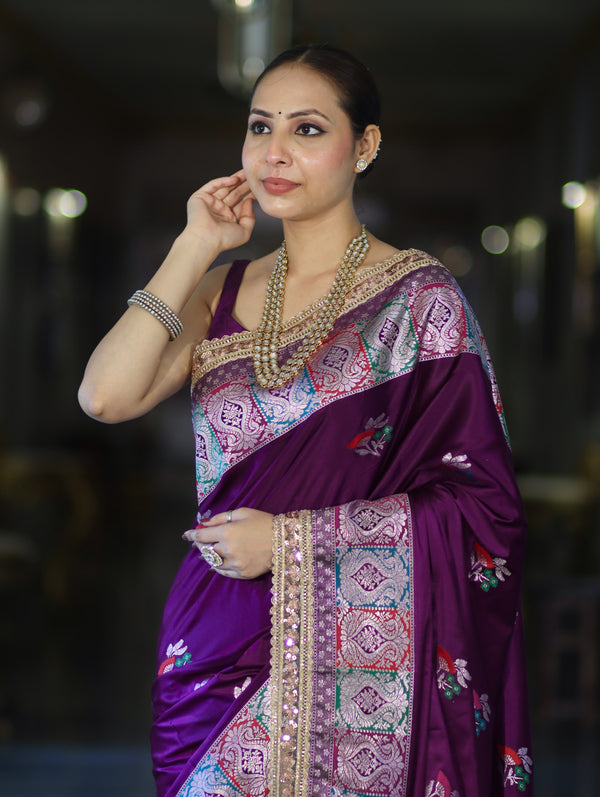 Banarasee Handloom Mashru Silk Saree With Resham & Zari Embroidery-Violet