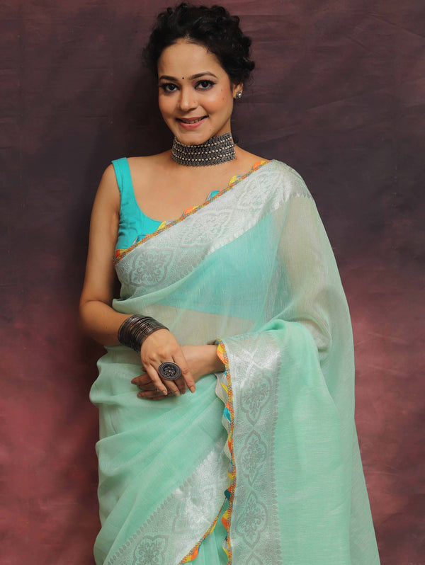 Banarasee Handloom Linen Mix Saree With Silver Zari Border & Lace-Green