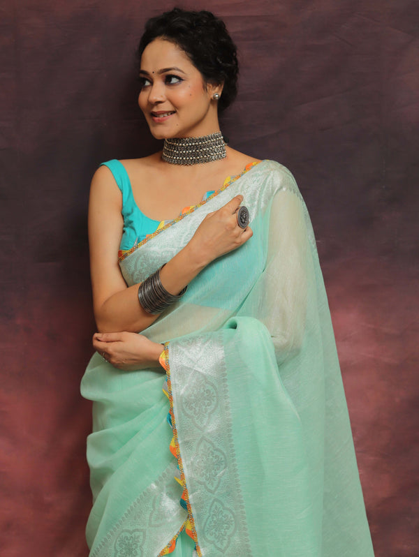 Banarasee Handloom Linen Mix Saree With Silver Zari Border & Lace-Green