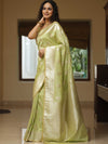 Banarasee Handwoven Semi-Katan Tanchoi Weaving Floral Border Saree-Light Green