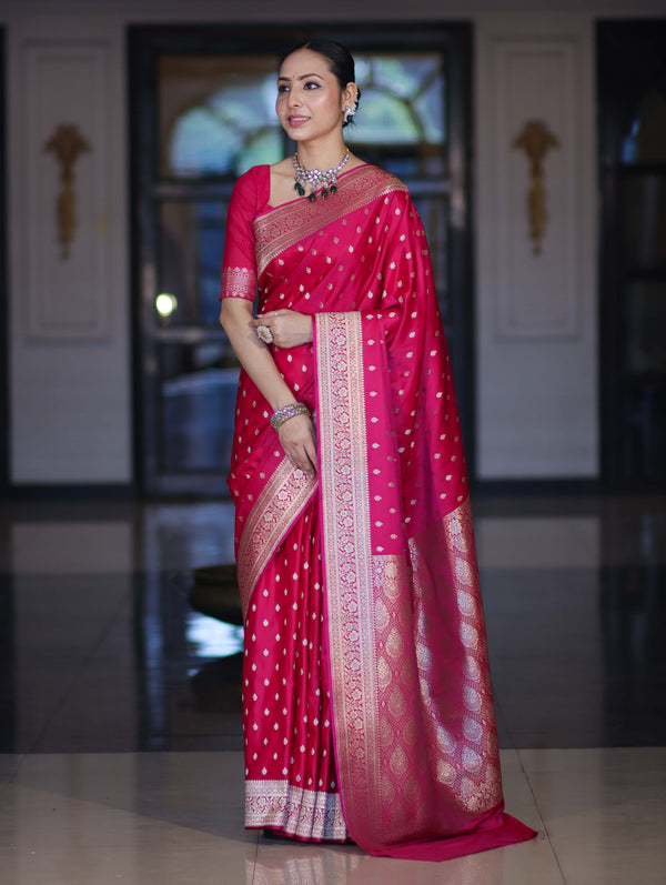 Banarasee Handloom Semi Katan Saree With Buti Work & Border-Fuchsia Pink