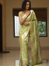 Banarasee Handwoven Semi-Katan Tanchoi Weaving Floral Border Saree-Light Green