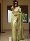 Banarasee Handwoven Semi-Katan Tanchoi Weaving Floral Border Saree-Light Green