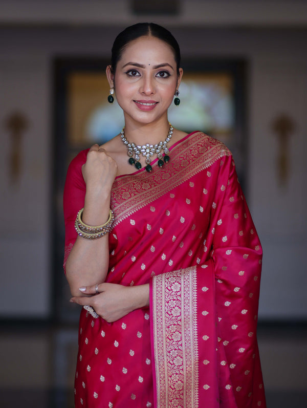 Banarasee Handloom Semi Katan Saree With Buti Work & Border-Fuchsia Pink
